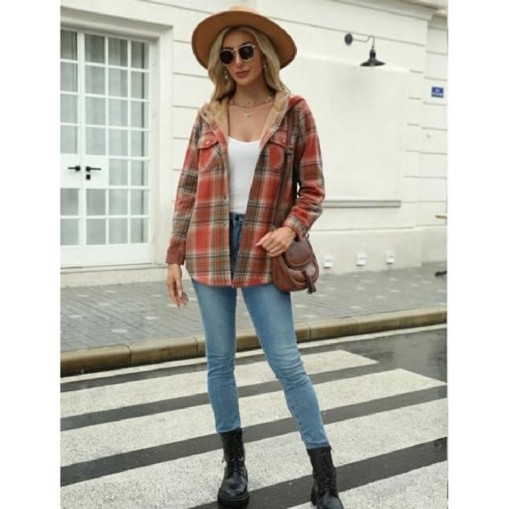 Women's Plaid Shacket Hooded Fleece Jacket Long Sleeve Button Front - Picture 3 of 8